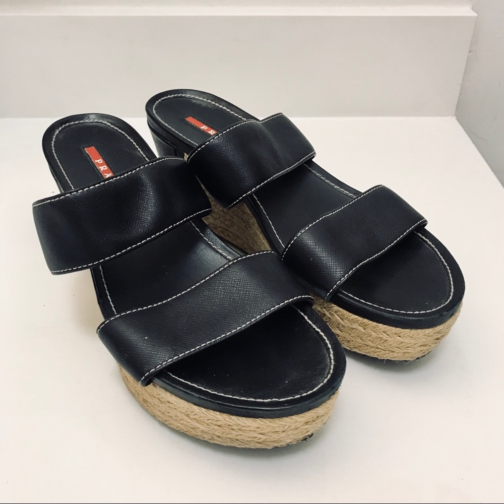Prada wedges with black leather straps